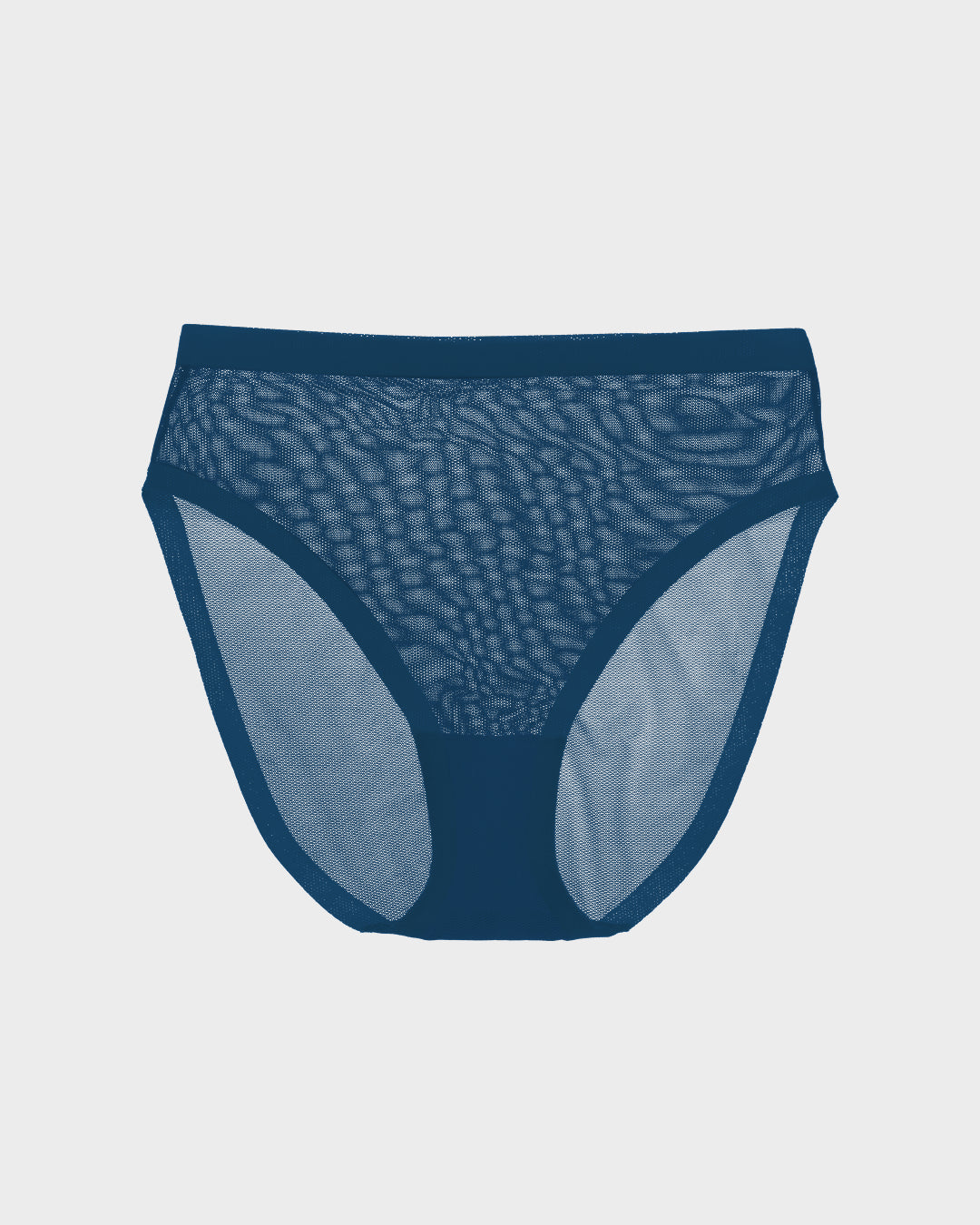 Opal blue sheer briefs on a light gray background
