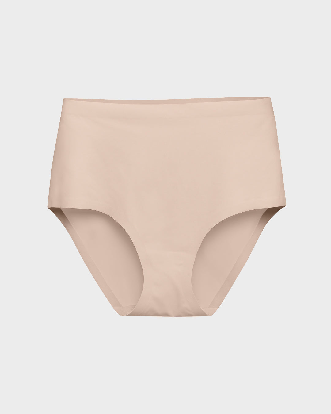 Beige high waisted no show panties displayed on a plain background, featuring seamless construction and smooth, stretchy fabric for a comfortable, invisible fit under clothing