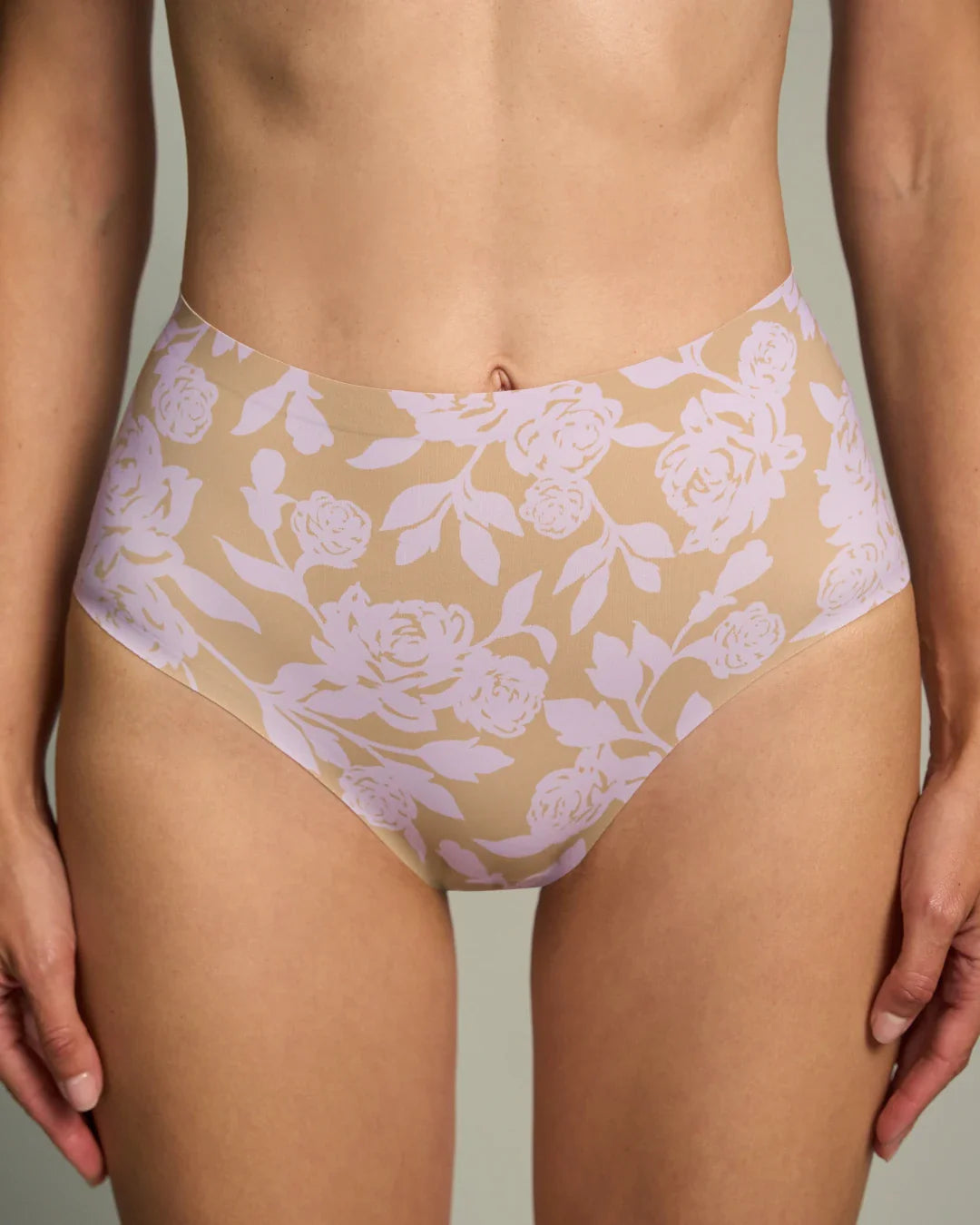 Floral high rise seamless panties shown on model, featuring a no show design for invisible comfort and flattering high waist coverage