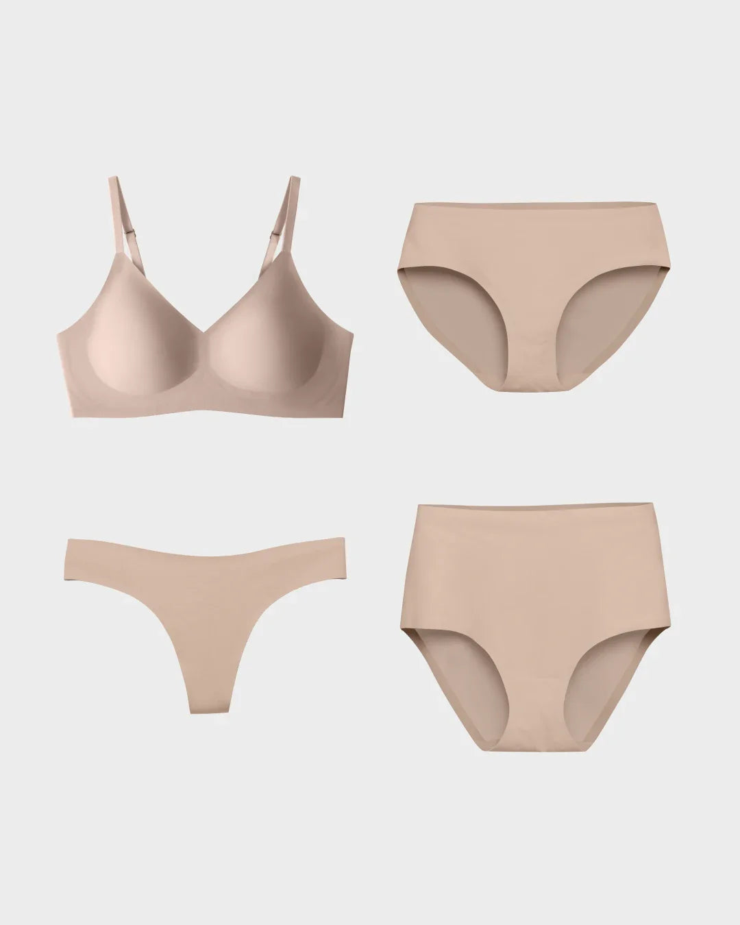 Seamless wireless bralette with matching nude underwear set including brief, thong, and high-waisted styles on white background