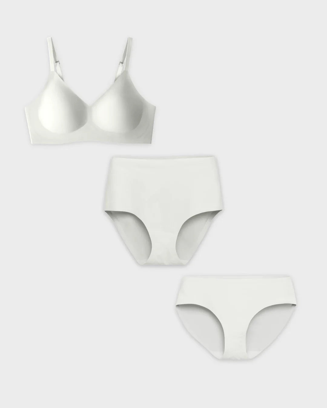 Seamless padded bralette with matching white high-rise and bikini panties displayed on a light gray background