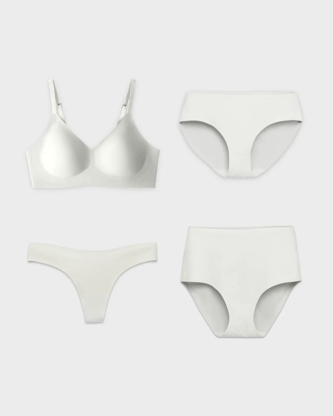 Best supportive bralette with matching seamless underwear set in white, including thong, brief, and high-waisted styles